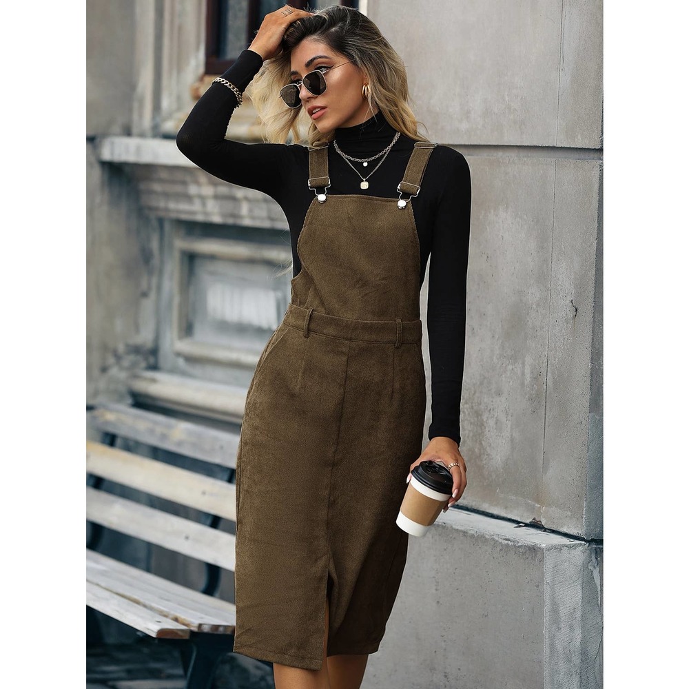 Slit Hem Corduroy Overall Dress (Without Sweater) black - Picture 10 of 12